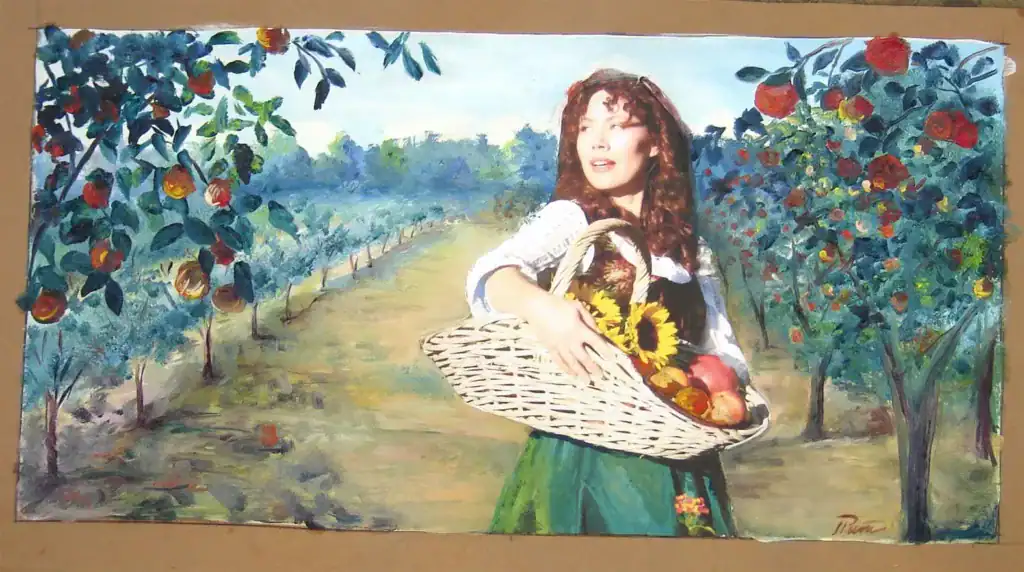 Kitchen backsplash mosaic of women walking through a Orchard Drawing