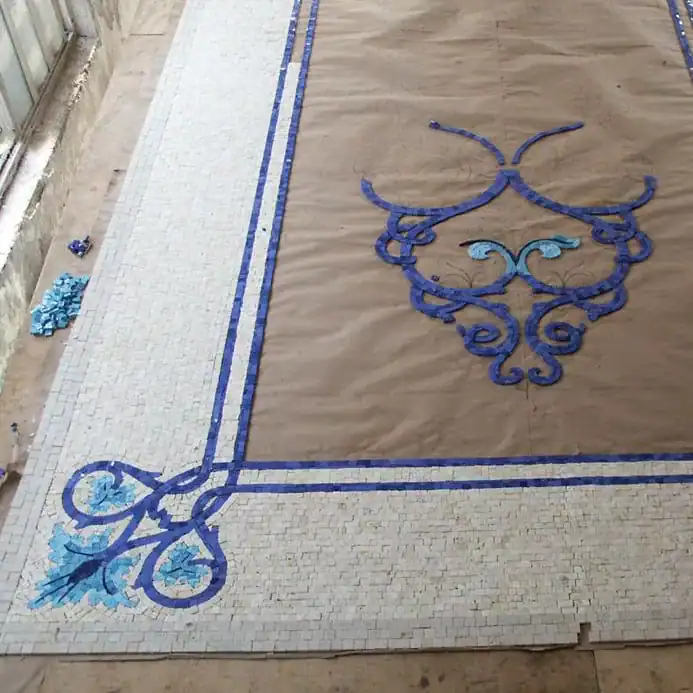 Custom handcrafted mosaic rug  residential installation | Mosaiclegs