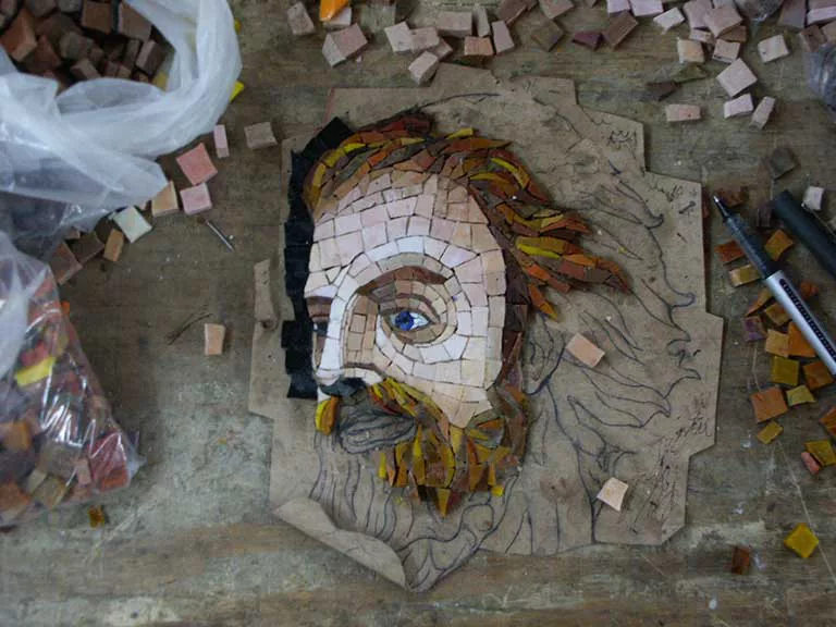 custom Mosaic of Viking face in Smalti Glass