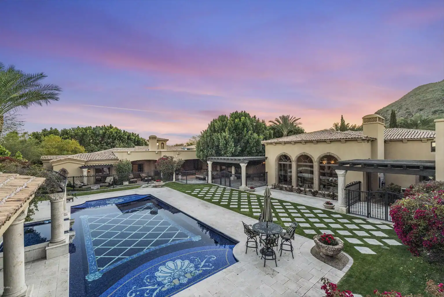 Luxury Mosaic Pool with Diamond shaped design on floor with outdoor Area