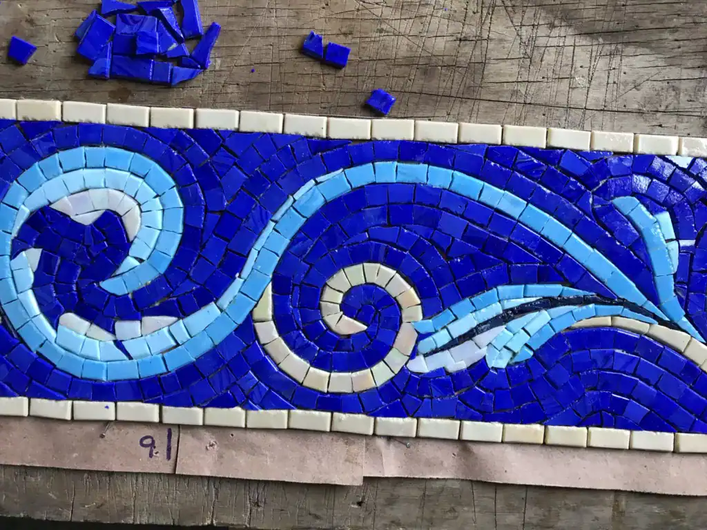 Greco-Roman mosaic pool border under construction | Mosaiclegs