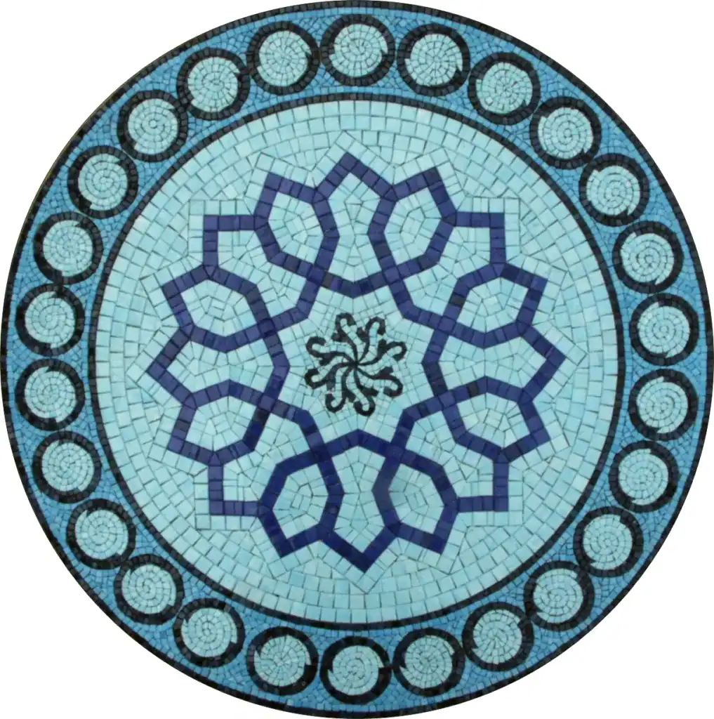 Circular mosaic with intricate blue geometric patterns and floral center.