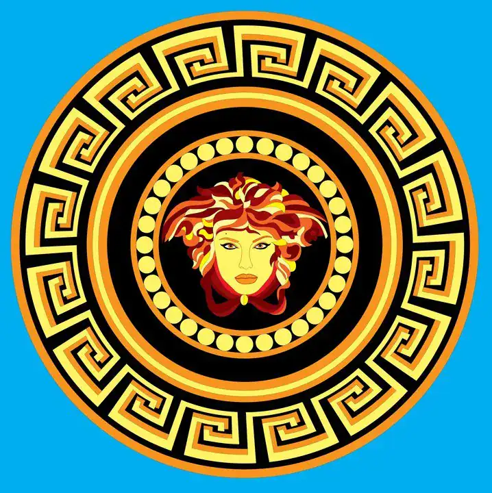 Artistic logo featuring a Medusa head with Greek key pattern border.