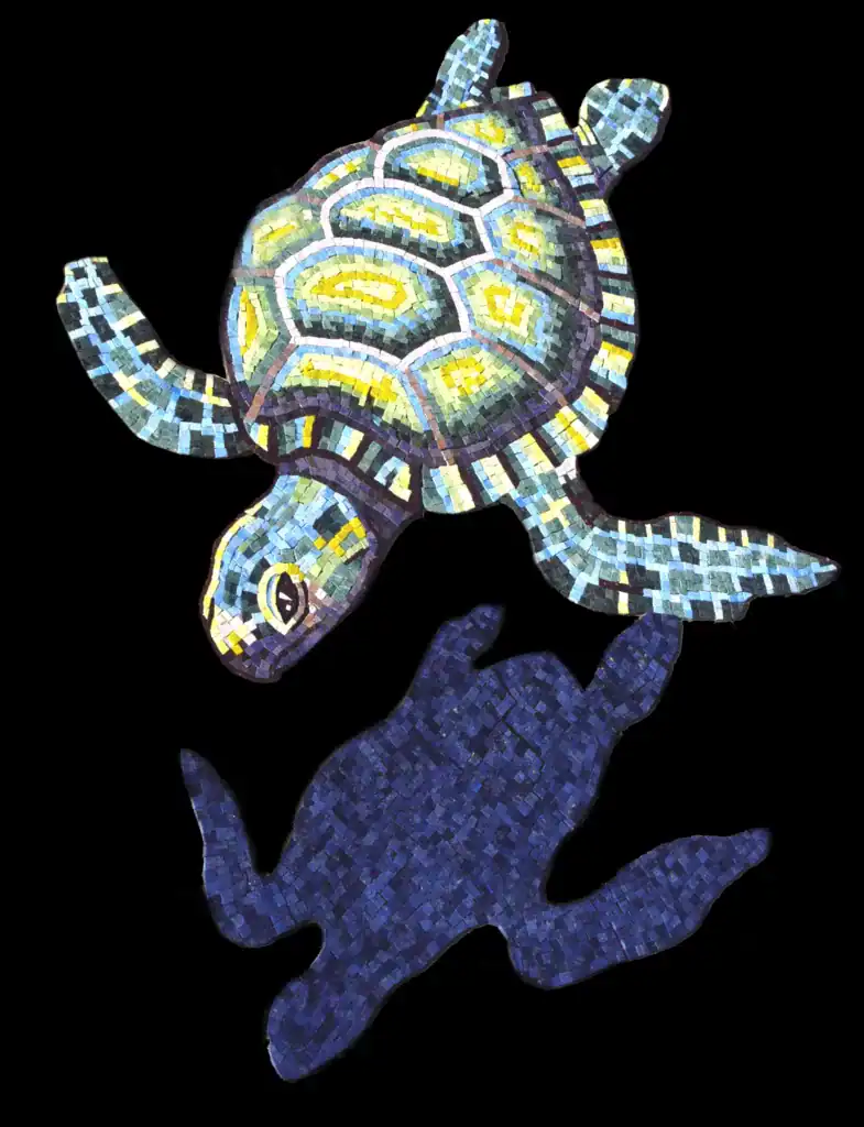 Colorful mosaic turtle artwork on black background.